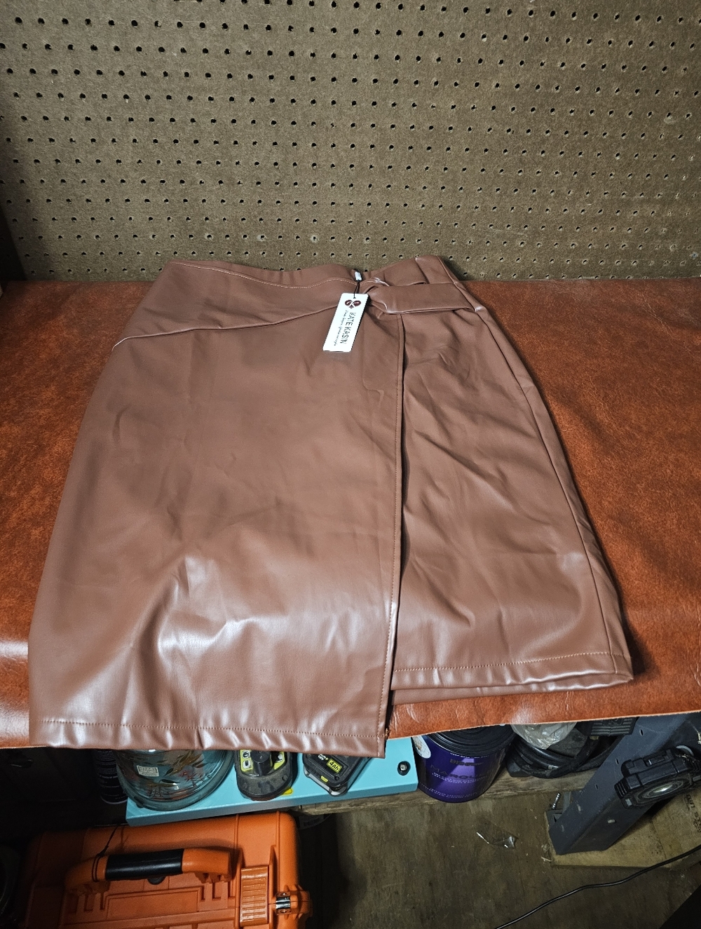 Kate Kasin Faux Leather Briwn Skirt Size Lg